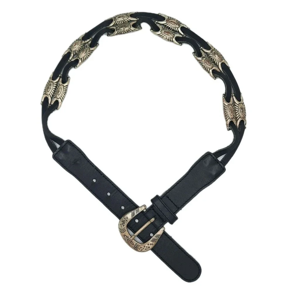 VTG New York Studio Belt Womens Small Leather Western Beaded Strap Silver Buckle